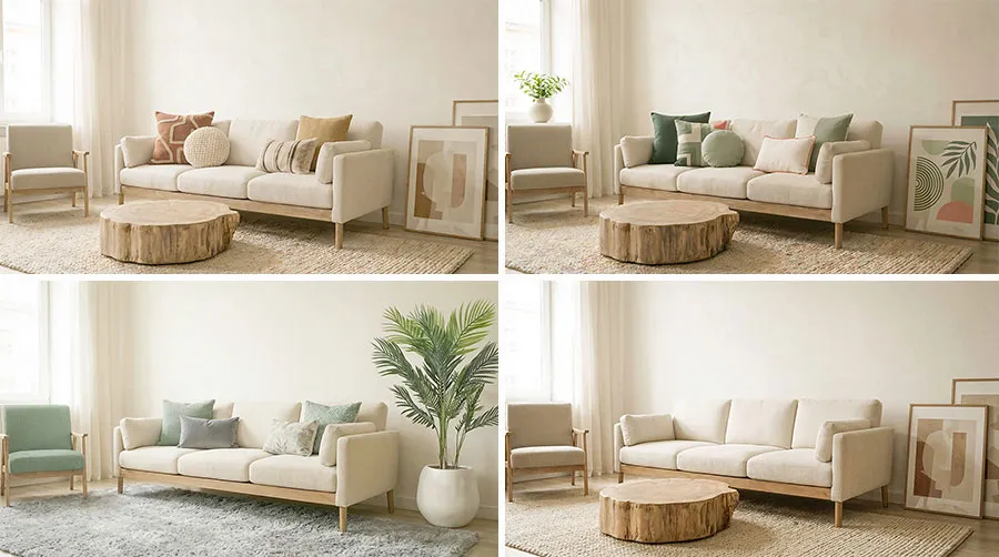 Como combinar cojines para un sofá beige, ejemplos.