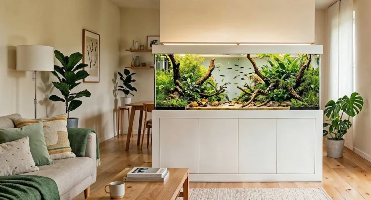 La luz suave de los acuarios XXL transforma un salón en un refugio biofílico: diseño, vida y serenidad en un solo elemento.